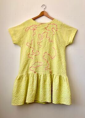 $278 NEW OOAK Upcycled Handmade Seersucker Plaid Squiggles Dress- Size Large